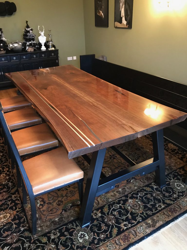 Oak Dining Table with steel and copper metal strips inlaid